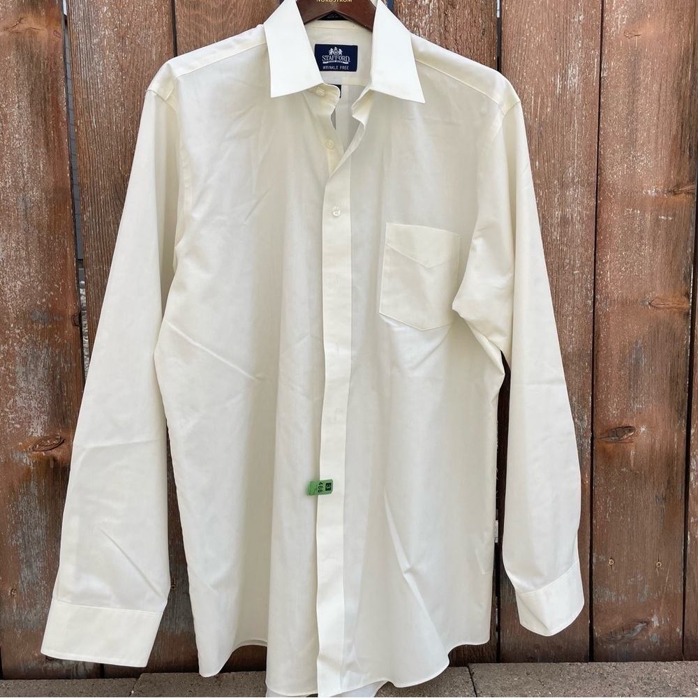 STAFFORD‎ Men’s Cream Button Down Long Sleeve Dress Shirt Size 17 36-37